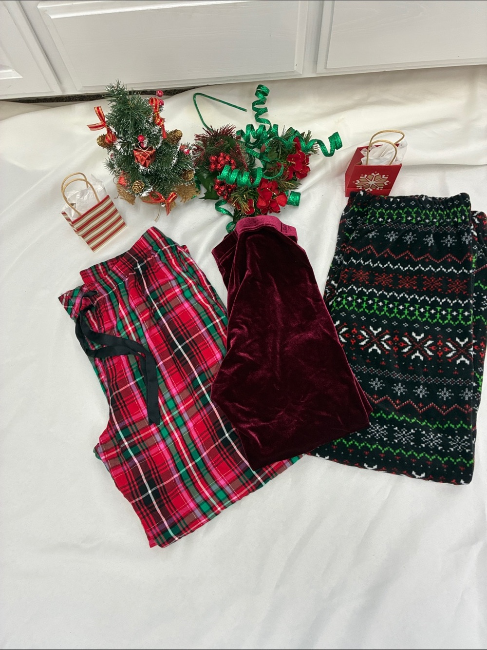 Victoria's Secret Red Plaid, Burgundy Velvet & Black Fair Isle PJ Bottoms Set